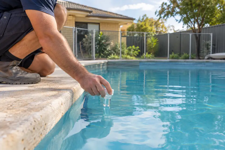 Pool water sample being collected at the edge of a pool